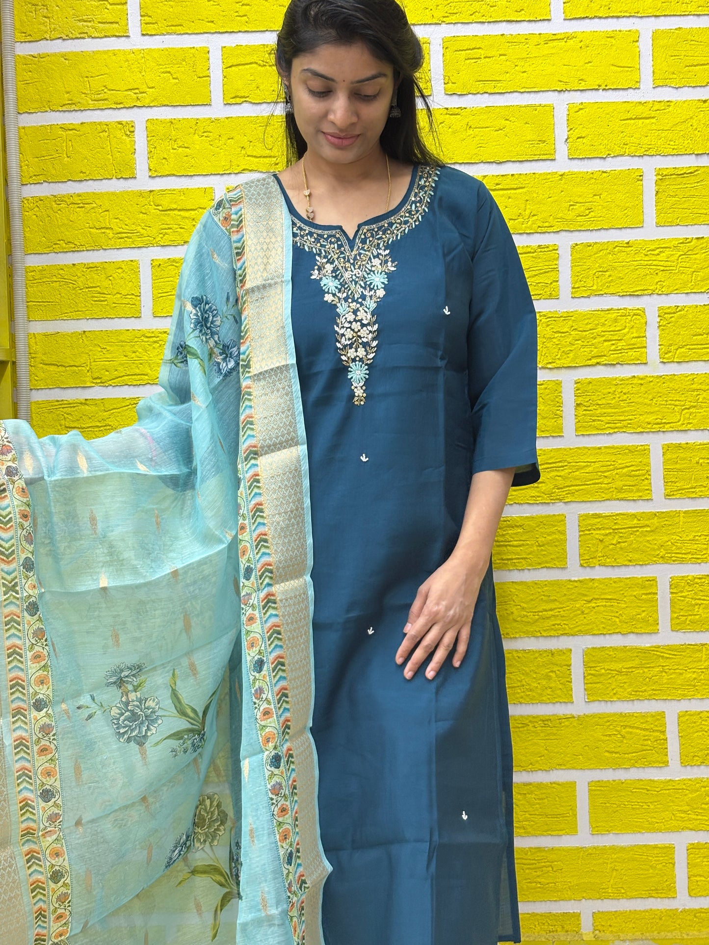Deep Blue Roman Silk with handwork design Kurti Set AAKS0UZJ5