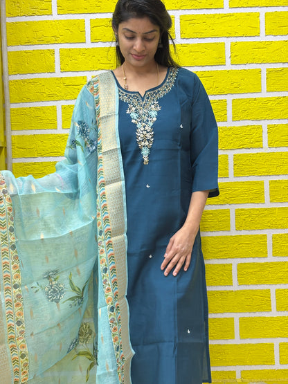 Deep Blue Roman Silk with handwork design Kurti Set AAKS0UZJ5