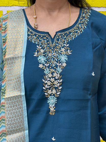 Deep Blue Roman Silk with handwork design Kurti Set AAKS0UZJ5