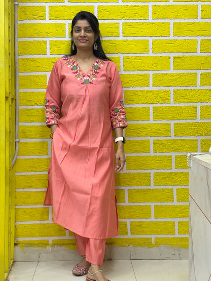 Co-ord Set-AACS0V25683 Peach Roman Silk Co-ord Set with Premium Embroidery on V-Neck and Hands - 3/4 Sleeves