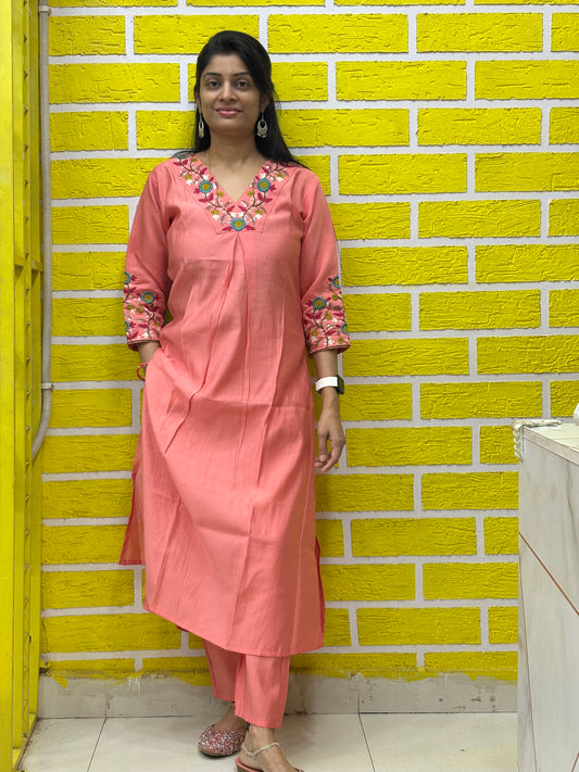 Co-ord Set-AACS0V25683 Peach Roman Silk Co-ord Set with Premium Embroidery on V-Neck and Hands - 3/4 Sleeves