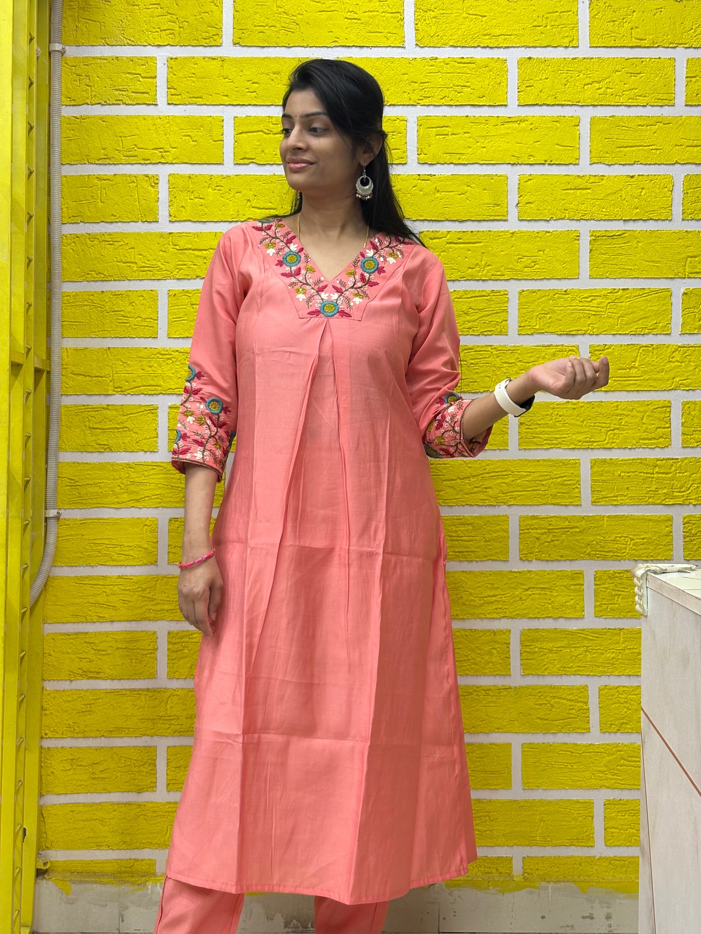 Co-ord Set-AACS0V25683 Peach Roman Silk Co-ord Set with Premium Embroidery on V-Neck and Hands - 3/4 Sleeves