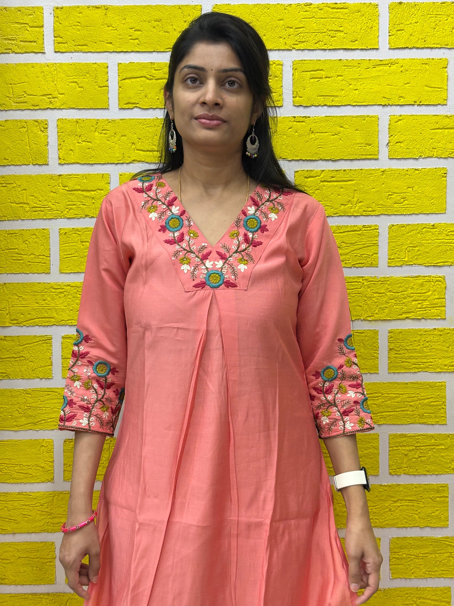 Co-ord Set-AACS0V25683 Peach Roman Silk Co-ord Set with Premium Embroidery on V-Neck and Hands - 3/4 Sleeves