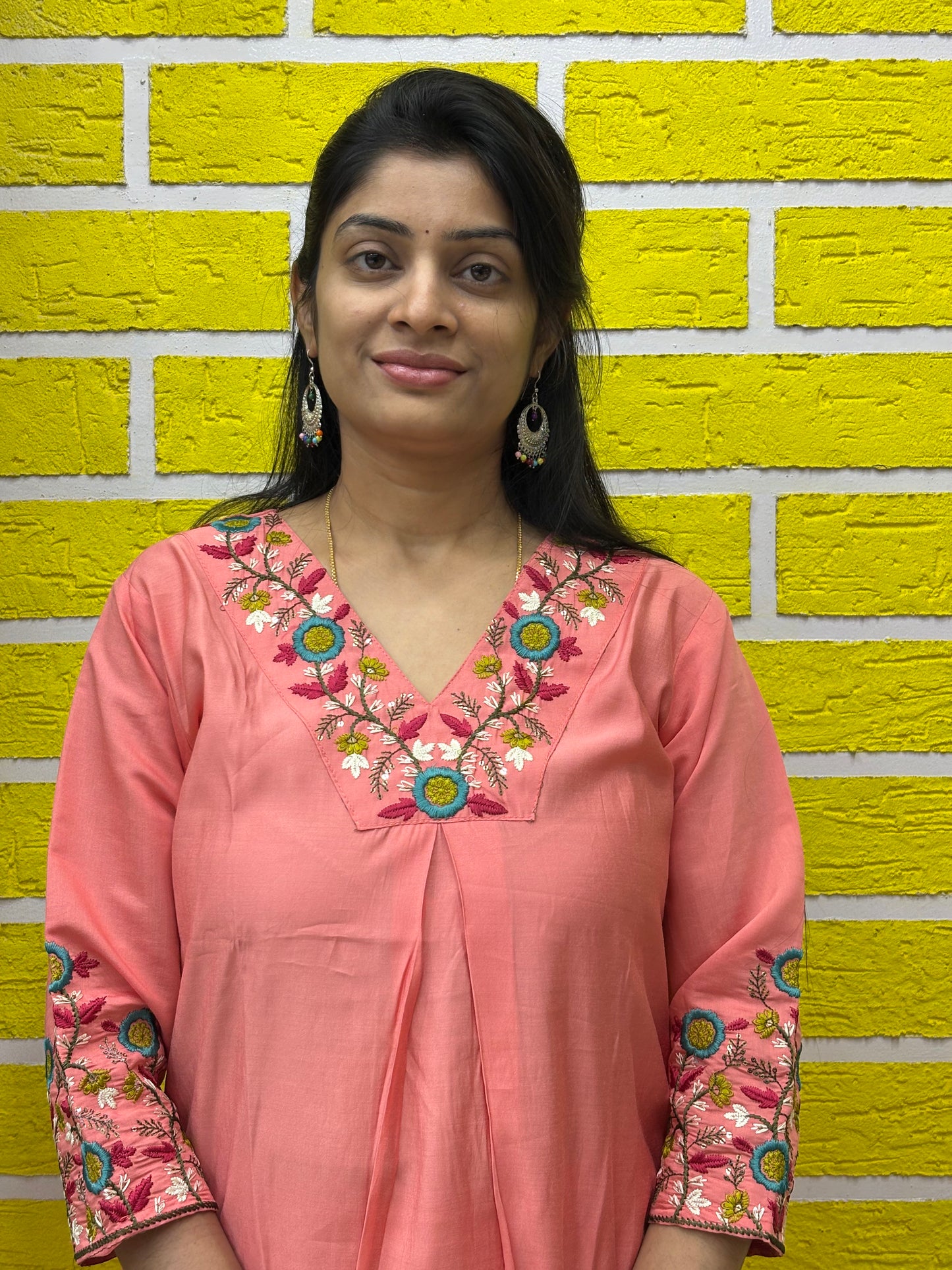 Co-ord Set-AACS0V25683 Peach Roman Silk Co-ord Set with Premium Embroidery on V-Neck and Hands - 3/4 Sleeves