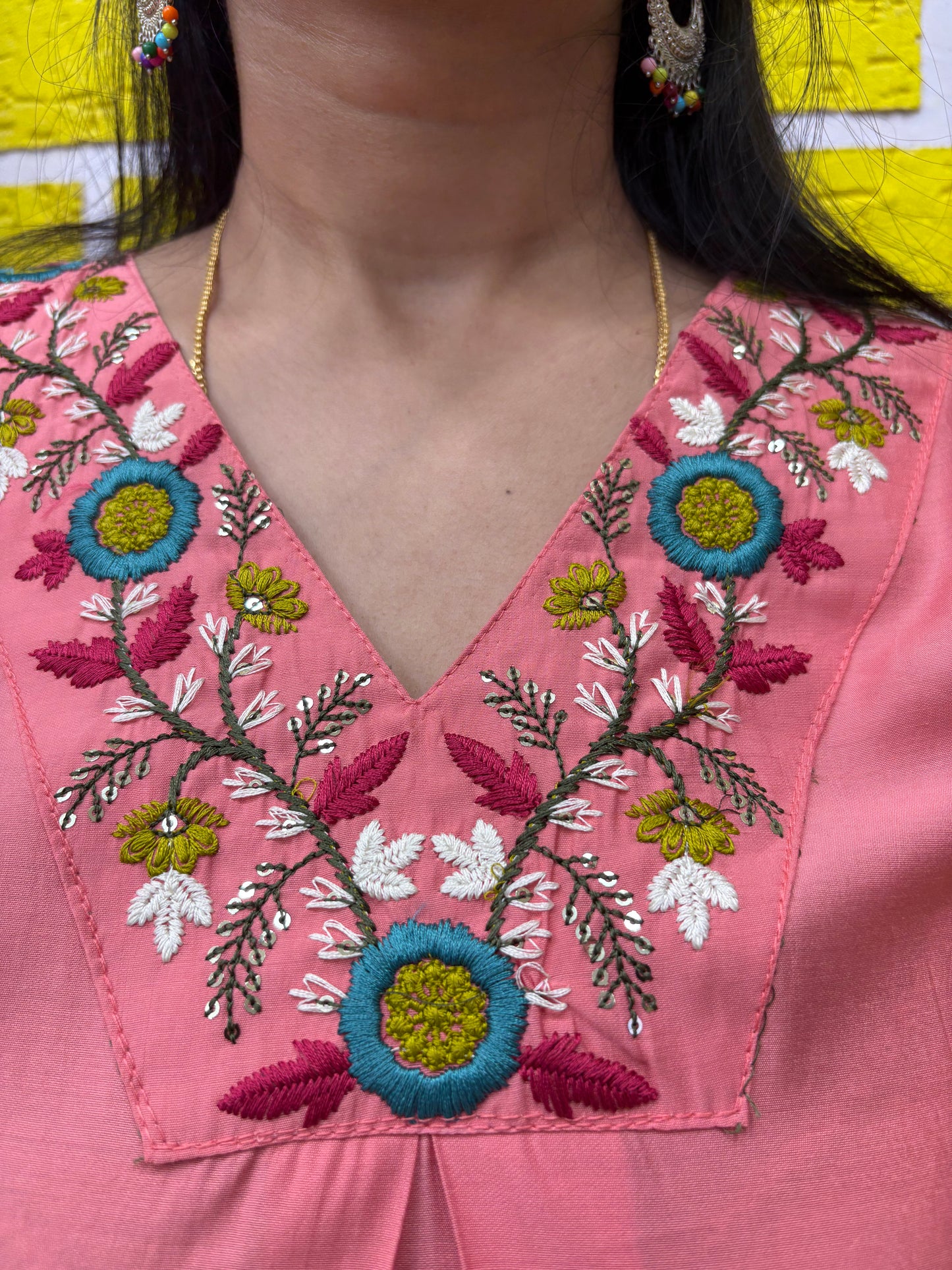 Co-ord Set-AACS0V25683 Peach Roman Silk Co-ord Set with Premium Embroidery on V-Neck and Hands - 3/4 Sleeves