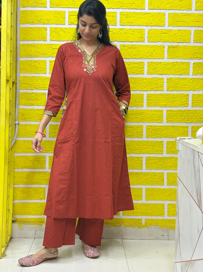 Co-ord Set-AACS0V50011 Natural Cotton with Manual Patch Applique Work