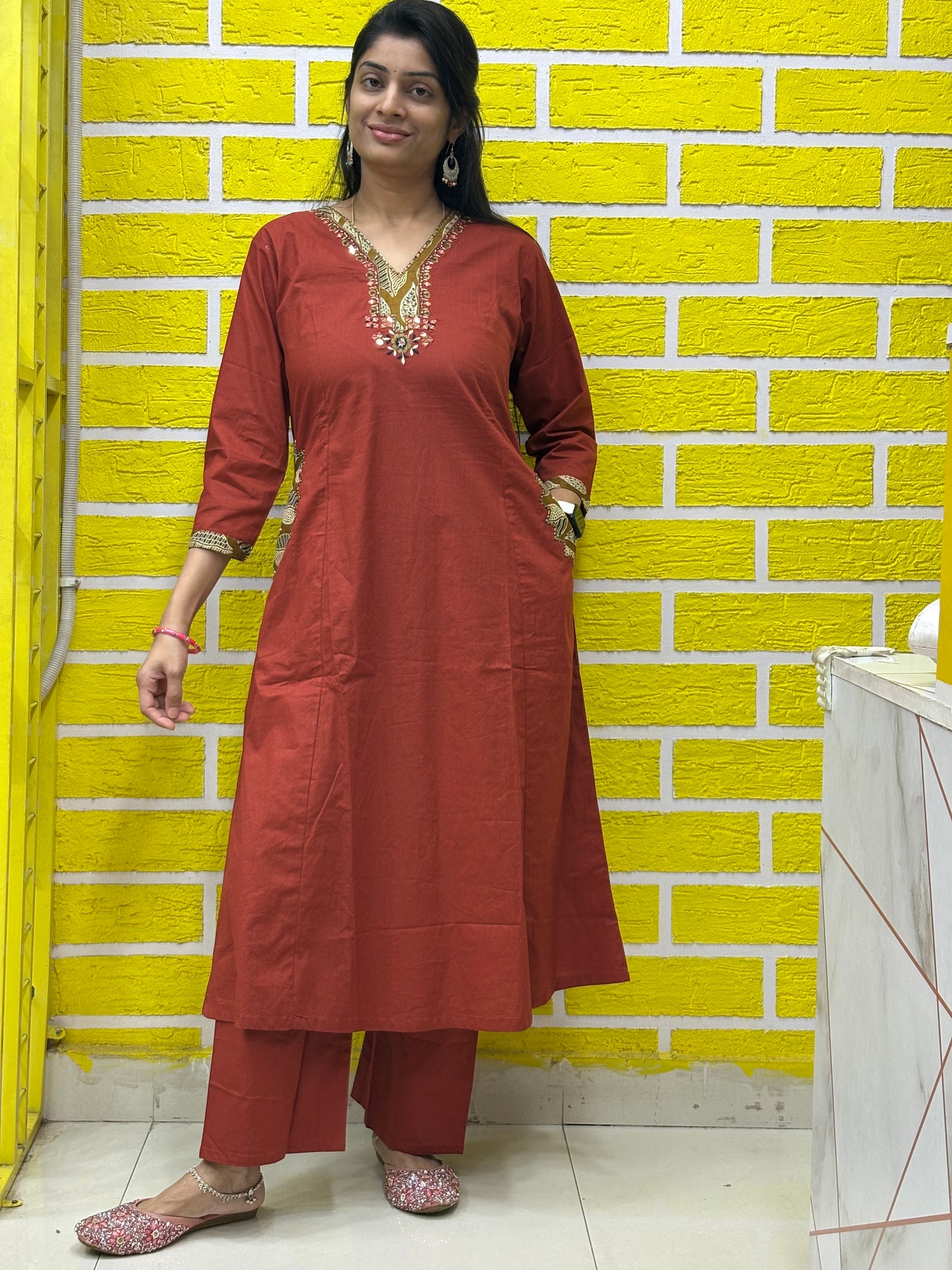 Co-ord Set-AACS0V50011 Natural Cotton with Manual Patch Applique Work