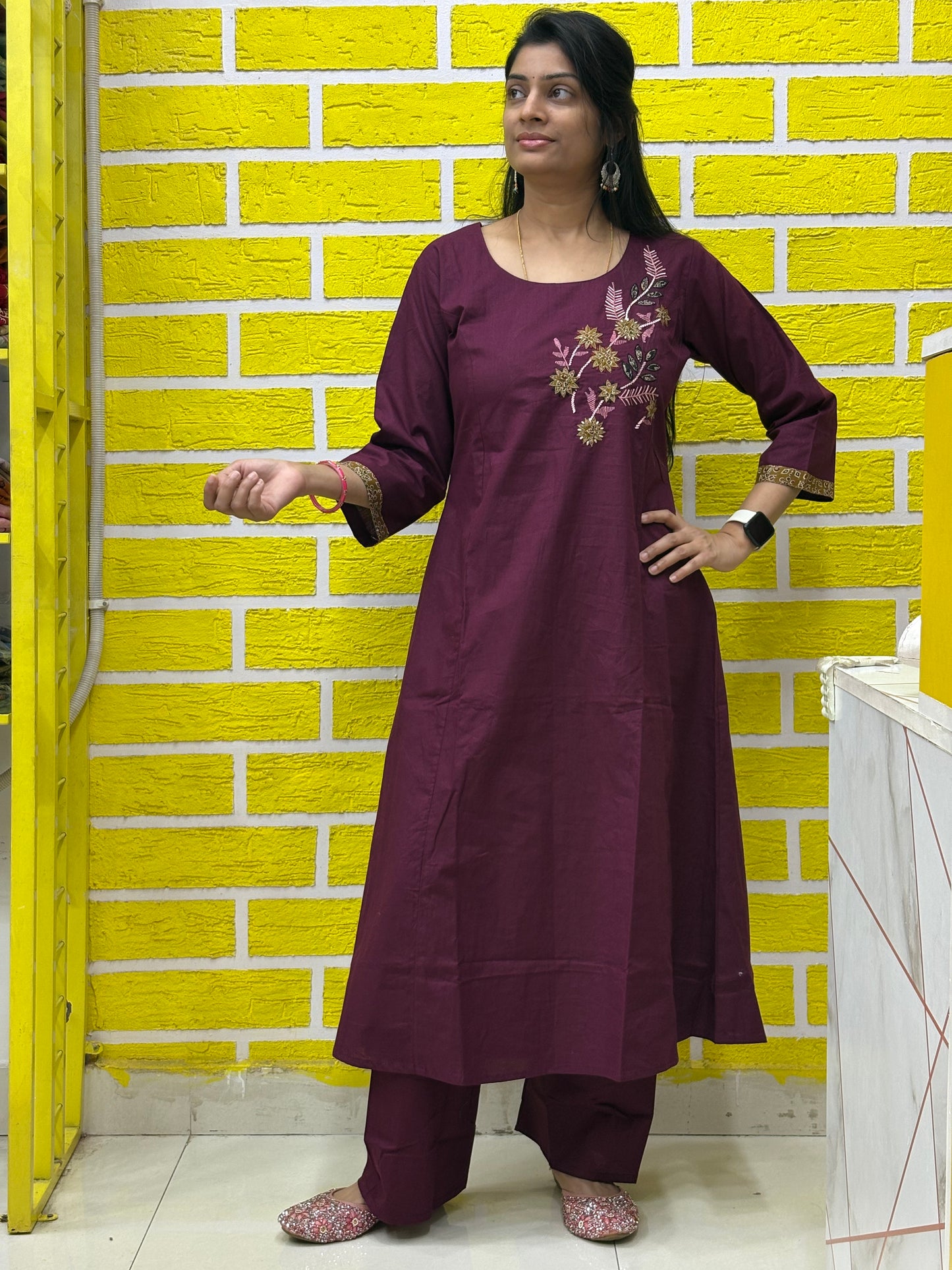 Co-ord Set-AACS0V50019 Natural Cotton with Embroidery Work Wine color