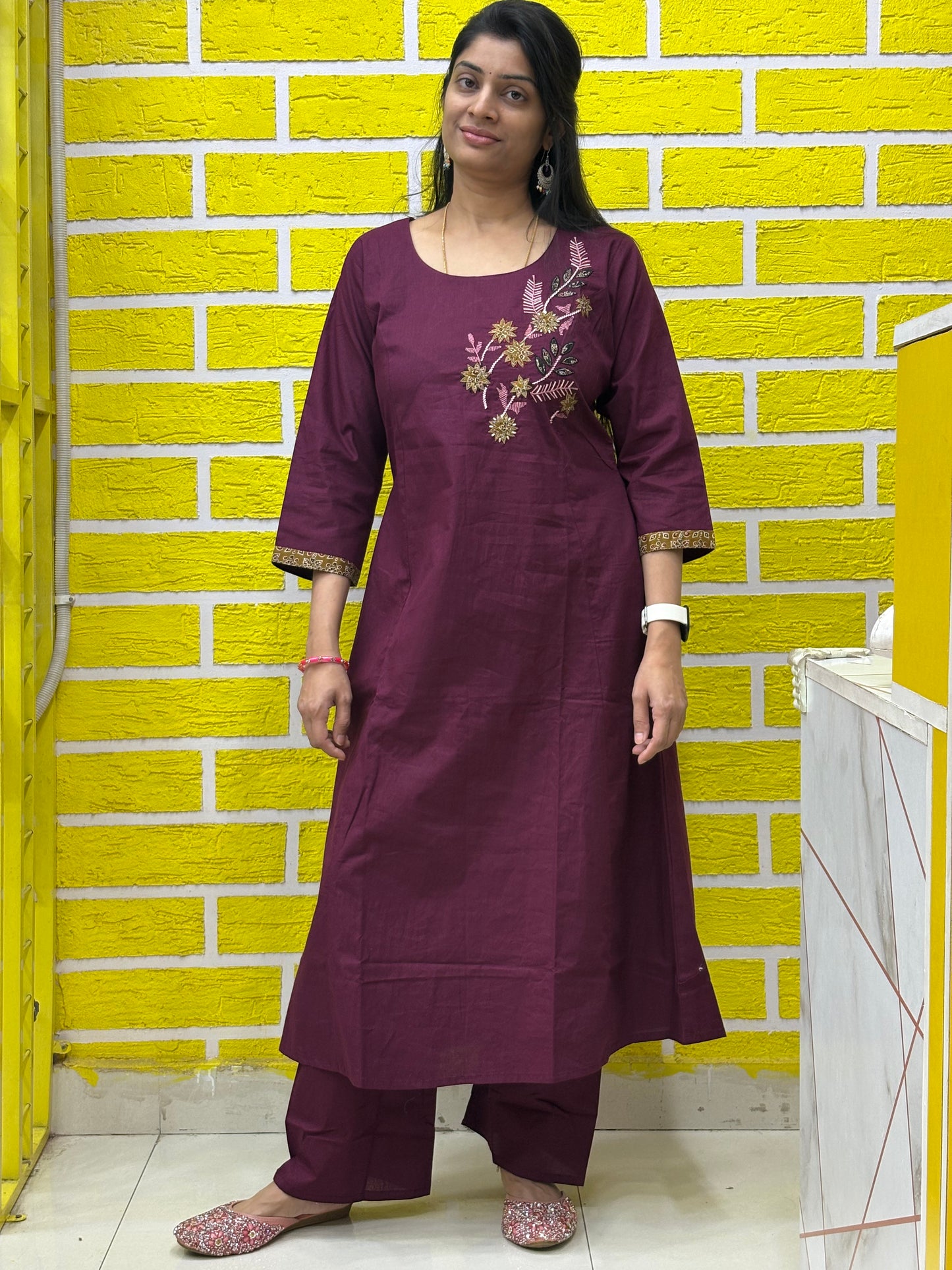 Co-ord Set-AACS0V50019 Natural Cotton with Embroidery Work Wine color