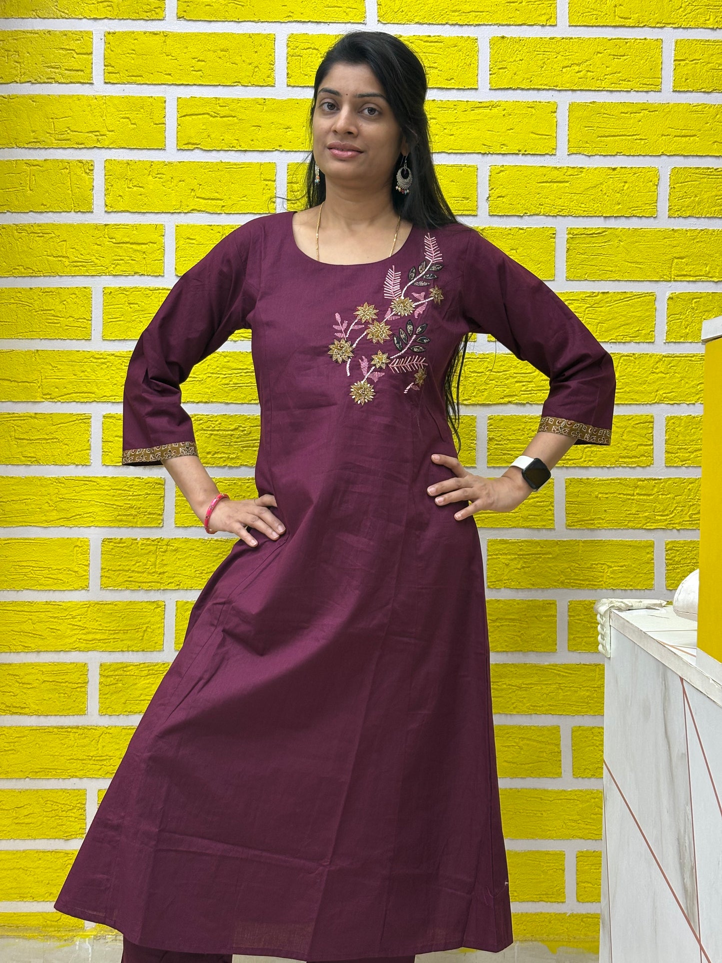 Co-ord Set-AACS0V50019 Natural Cotton with Embroidery Work Wine color