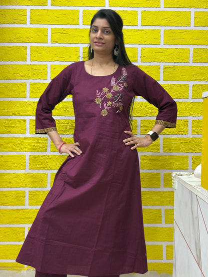 Co-ord Set-AACS0V50019 Natural Cotton with Embroidery Work Wine color