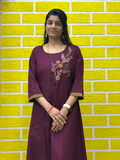 Co-ord Set-AACS0V50019 Natural Cotton with Embroidery Work Wine color