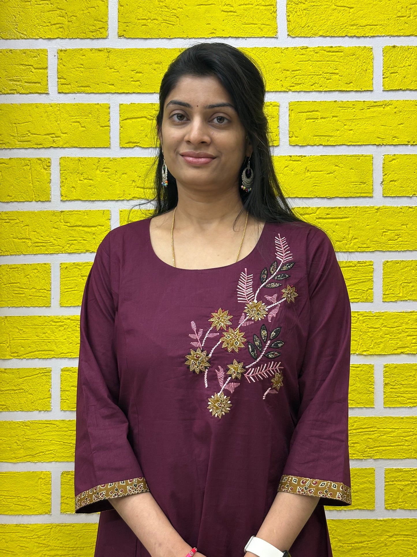 Co-ord Set-AACS0V50019 Natural Cotton with Embroidery Work Wine color