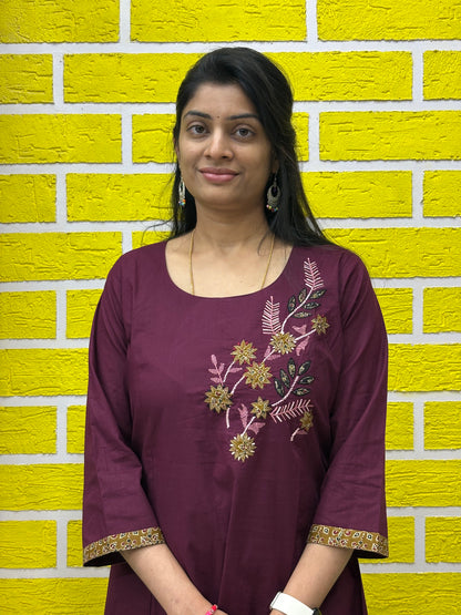 Co-ord Set-AACS0V50019 Natural Cotton with Embroidery Work Wine color