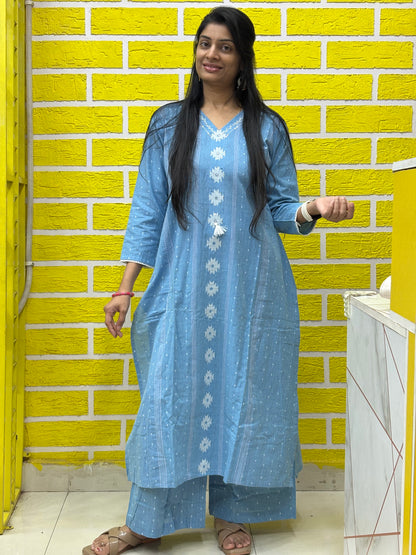 Co-ord Set-AACS0V24822 Natural Cotton Jamdani Print with handwork