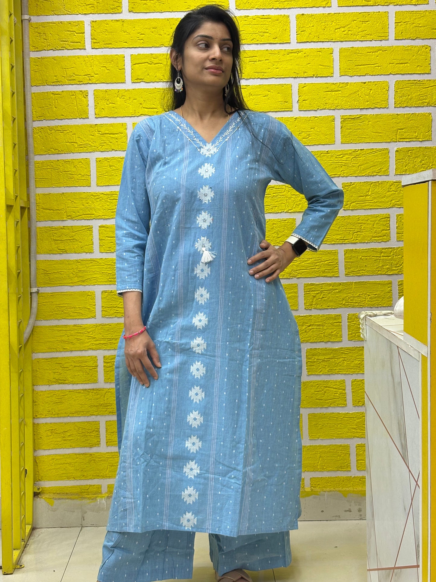 Co-ord Set-AACS0V24822 Natural Cotton Jamdani Print with handwork