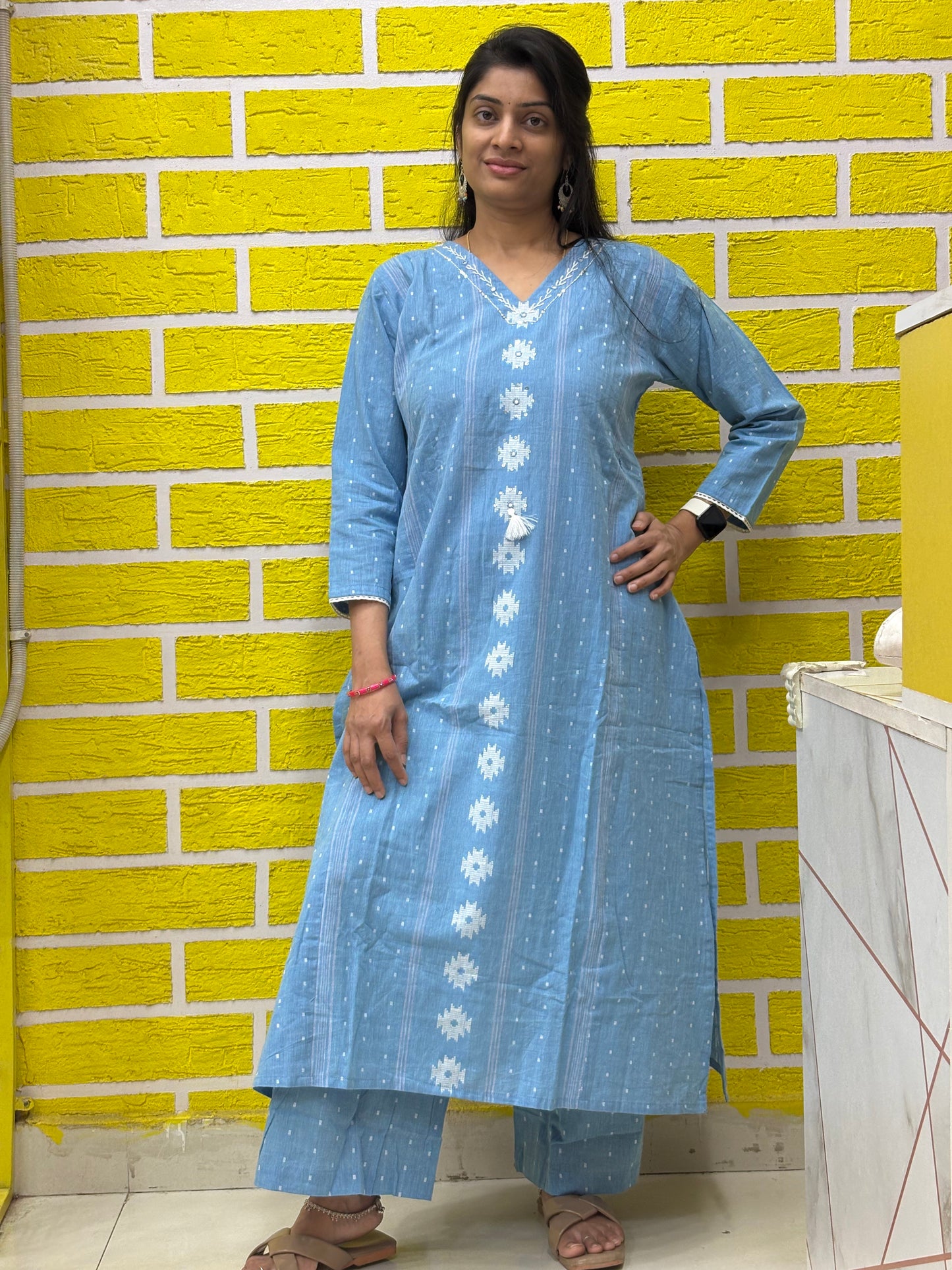 Co-ord Set-AACS0V24822 Natural Cotton Jamdani Print with handwork