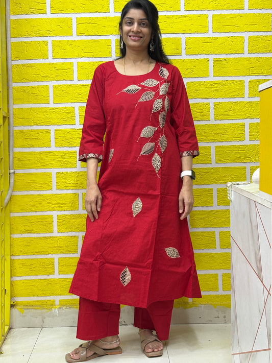 Co-ord Set AACS0V50015 - Natural Cotton with Manual Patch Work in Red Color