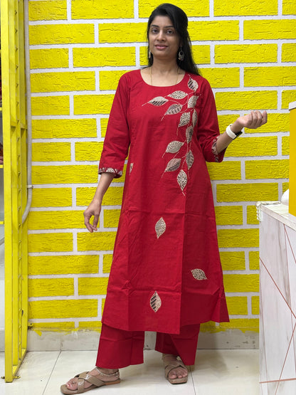 Co-ord Set AACS0V50015 - Natural Cotton with Manual Patch Work in Red Color