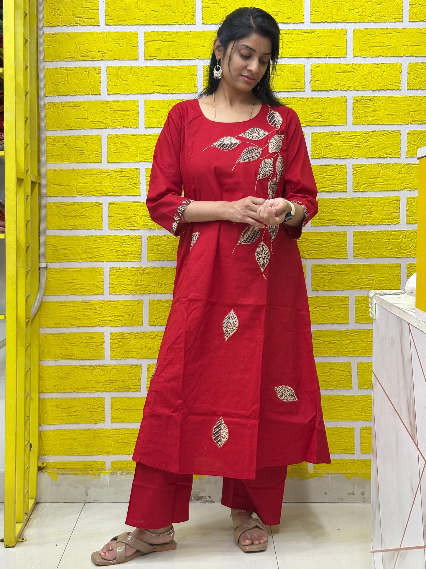 Co-ord Set AACS0V50015 - Natural Cotton with Manual Patch Work in Red Color