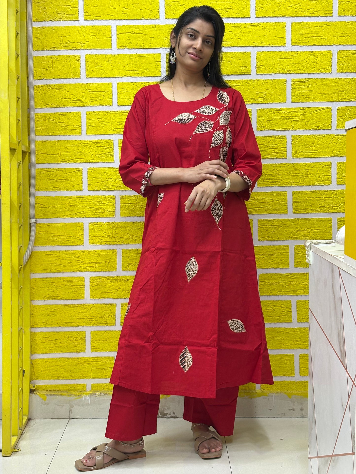 Co-ord Set AACS0V50015 - Natural Cotton with Manual Patch Work in Red Color