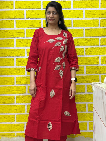 Co-ord Set AACS0V50015 - Natural Cotton with Manual Patch Work in Red Color