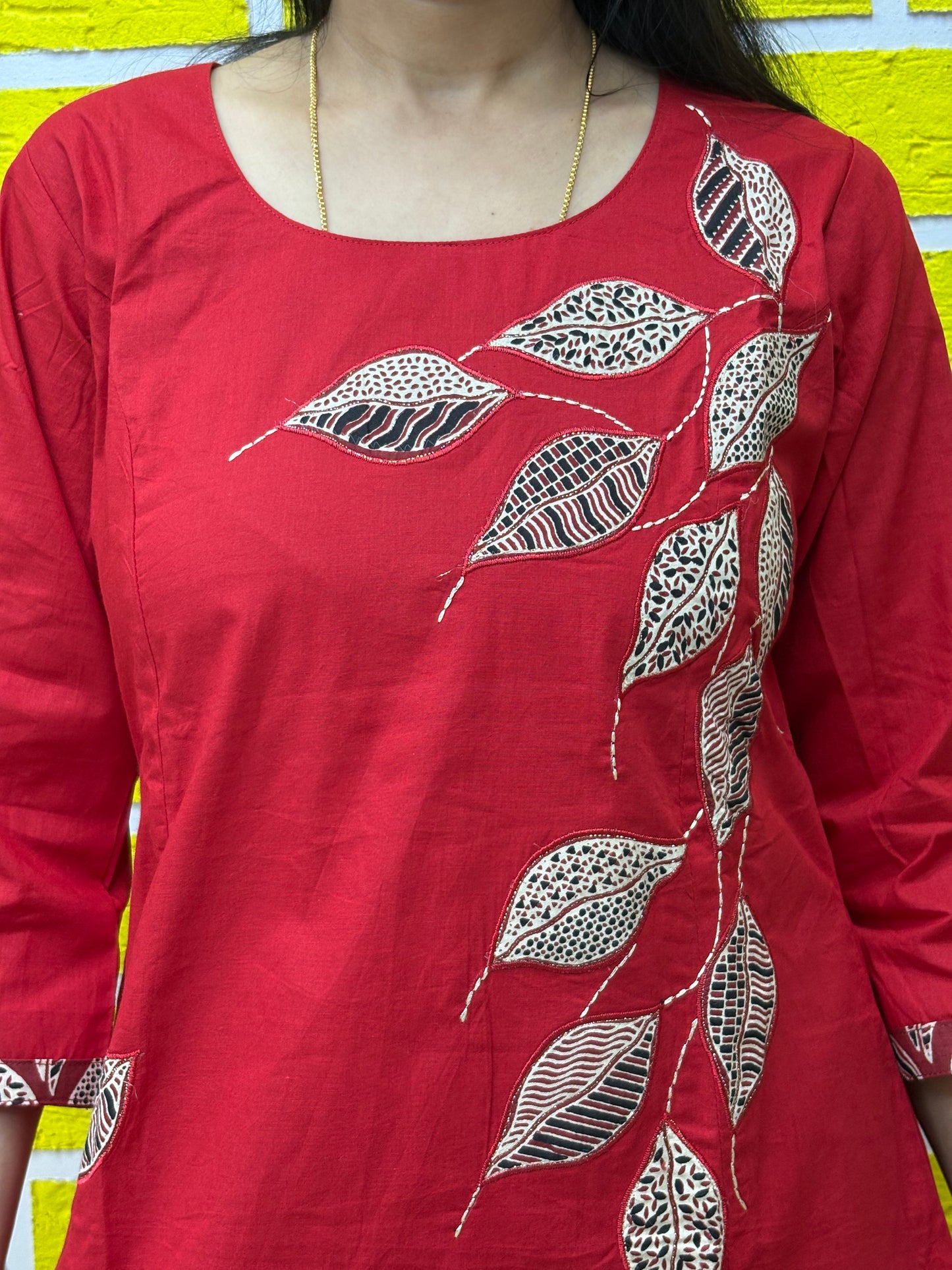 Co-ord Set AACS0V50015 - Natural Cotton with Manual Patch Work in Red Color