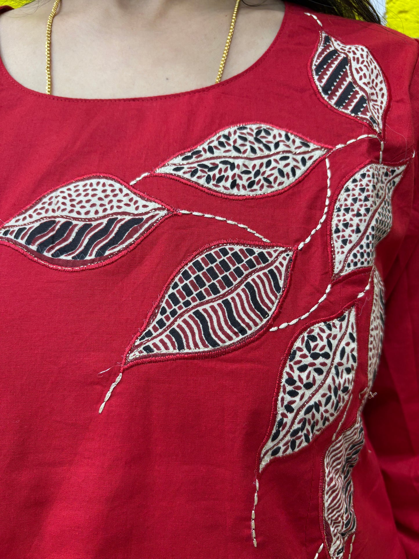 Co-ord Set AACS0V50015 - Natural Cotton with Manual Patch Work in Red Color