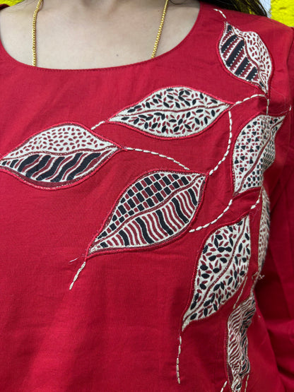 Co-ord Set AACS0V50015 - Natural Cotton with Manual Patch Work in Red Color