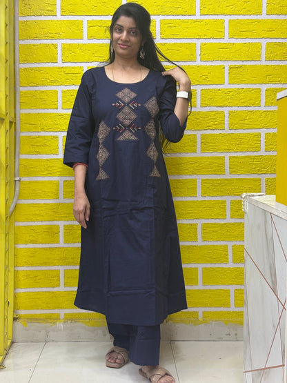 Co-ord Set-AACS0V50021 Natural Cotton with Manual Patch Work Navy Blue Color