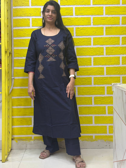 Co-ord Set-AACS0V50021 Natural Cotton with Manual Patch Work Navy Blue Color