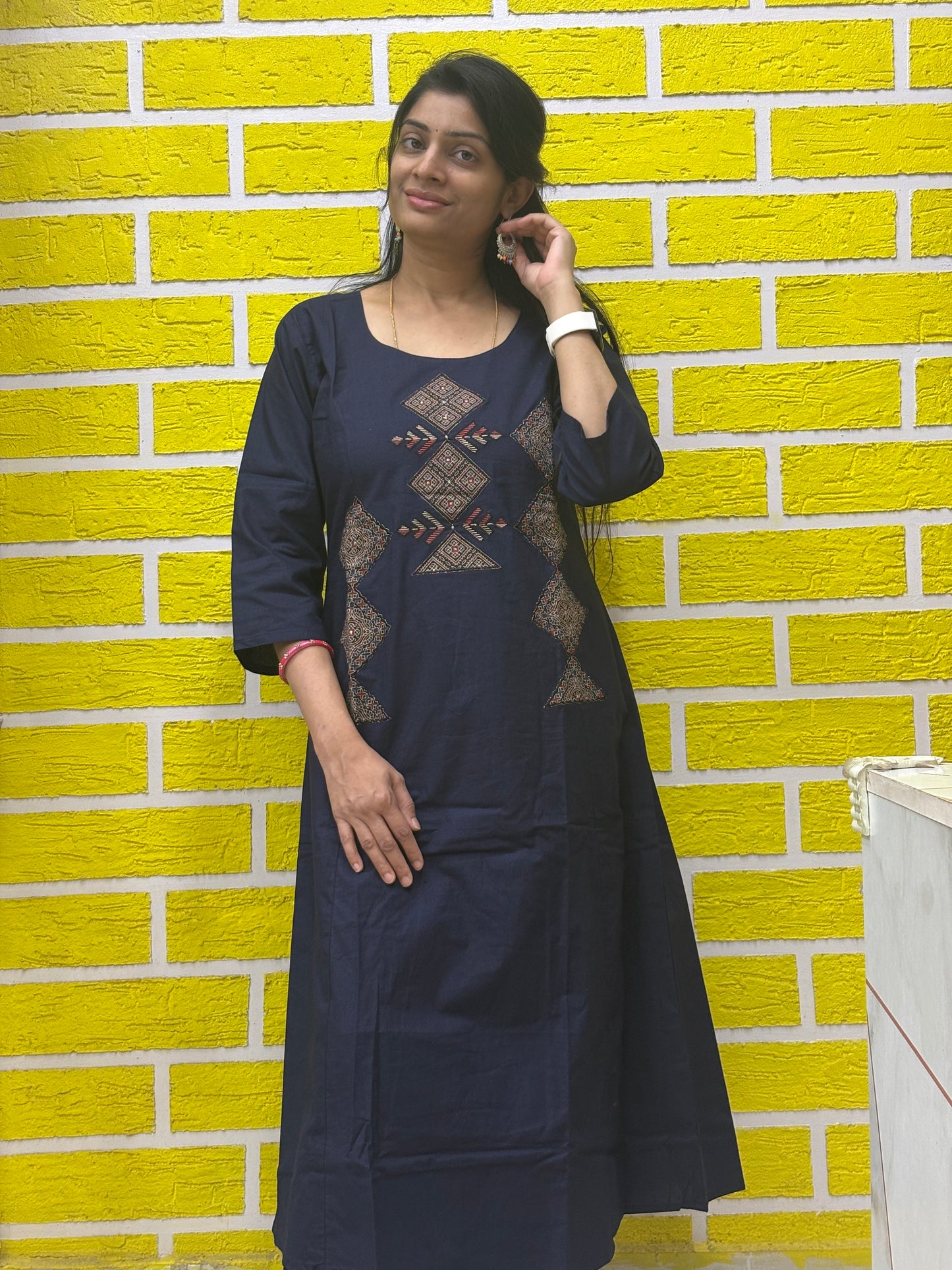 Co-ord Set-AACS0V50021 Natural Cotton with Manual Patch Work Navy Blue Color