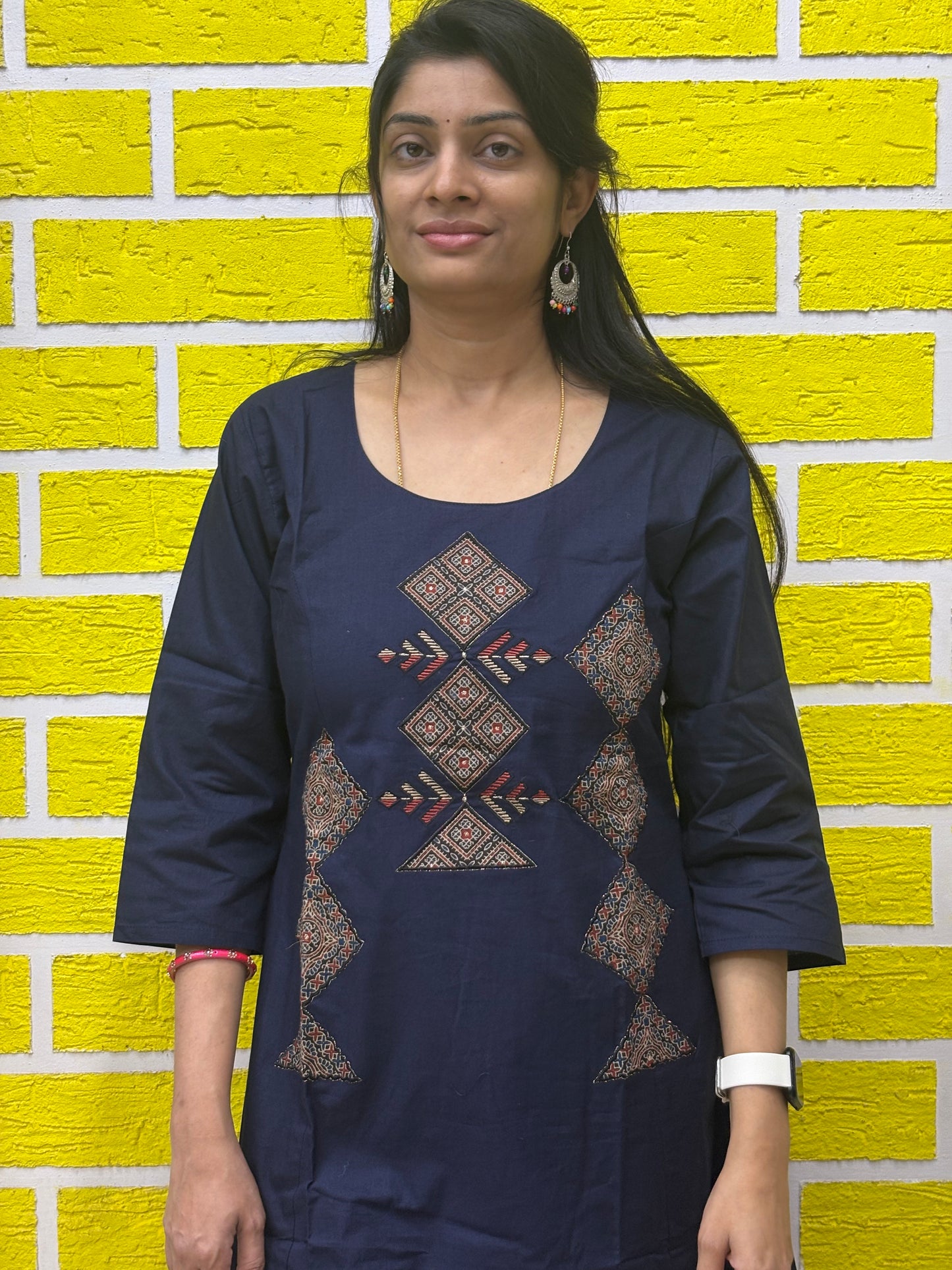 Co-ord Set-AACS0V50021 Natural Cotton with Manual Patch Work Navy Blue Color