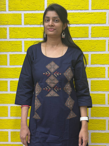 Co-ord Set-AACS0V50021 Natural Cotton with Manual Patch Work Navy Blue Color