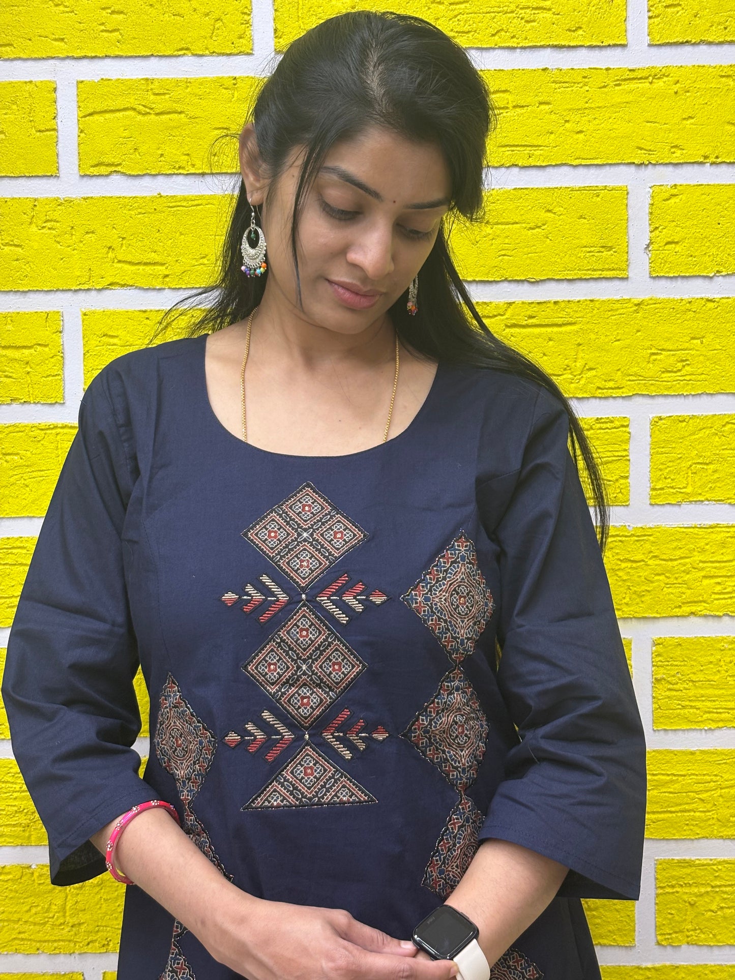 Co-ord Set-AACS0V50021 Natural Cotton with Manual Patch Work Navy Blue Color