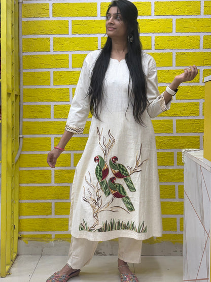 Co-ord Set-AACS0V23612 Cotton Flex with Embroidery Work White Parrot Design