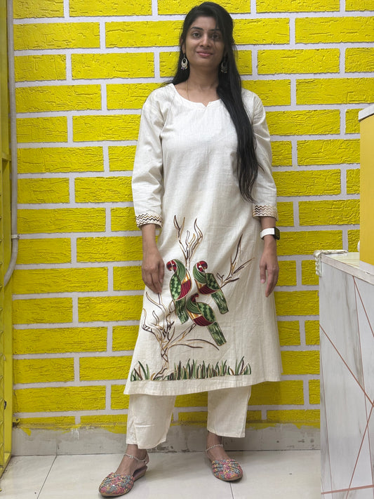 Co-ord Set-AACS0V23612 Cotton Flex with Embroidery Work White Parrot Design