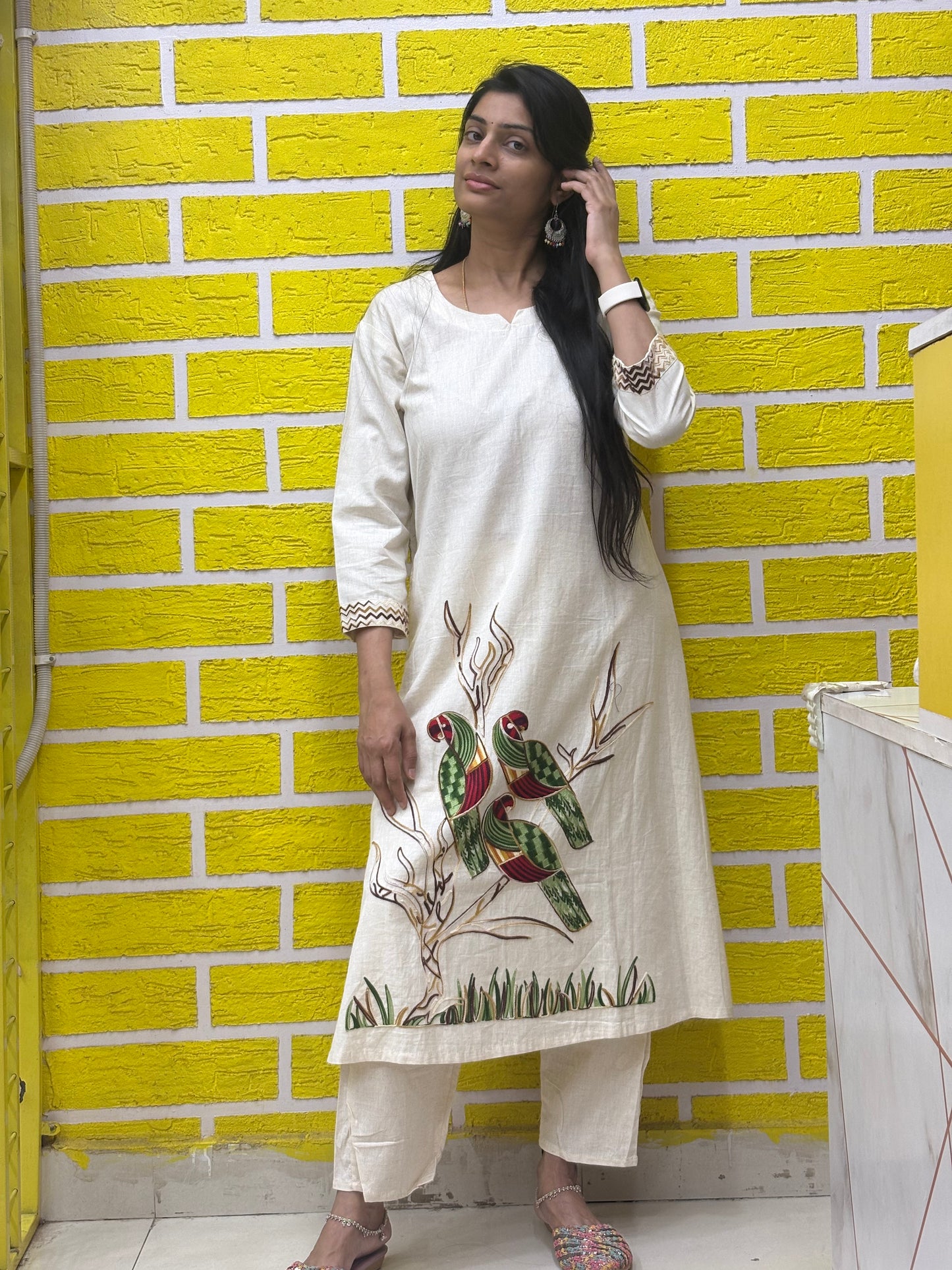 Co-ord Set-AACS0V23612 Cotton Flex with Embroidery Work White Parrot Design