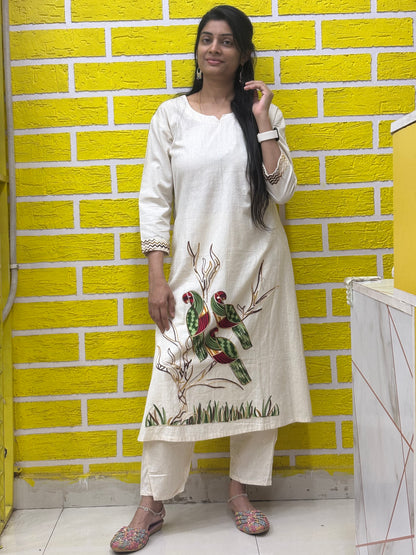 Co-ord Set-AACS0V23612 Cotton Flex with Embroidery Work White Parrot Design