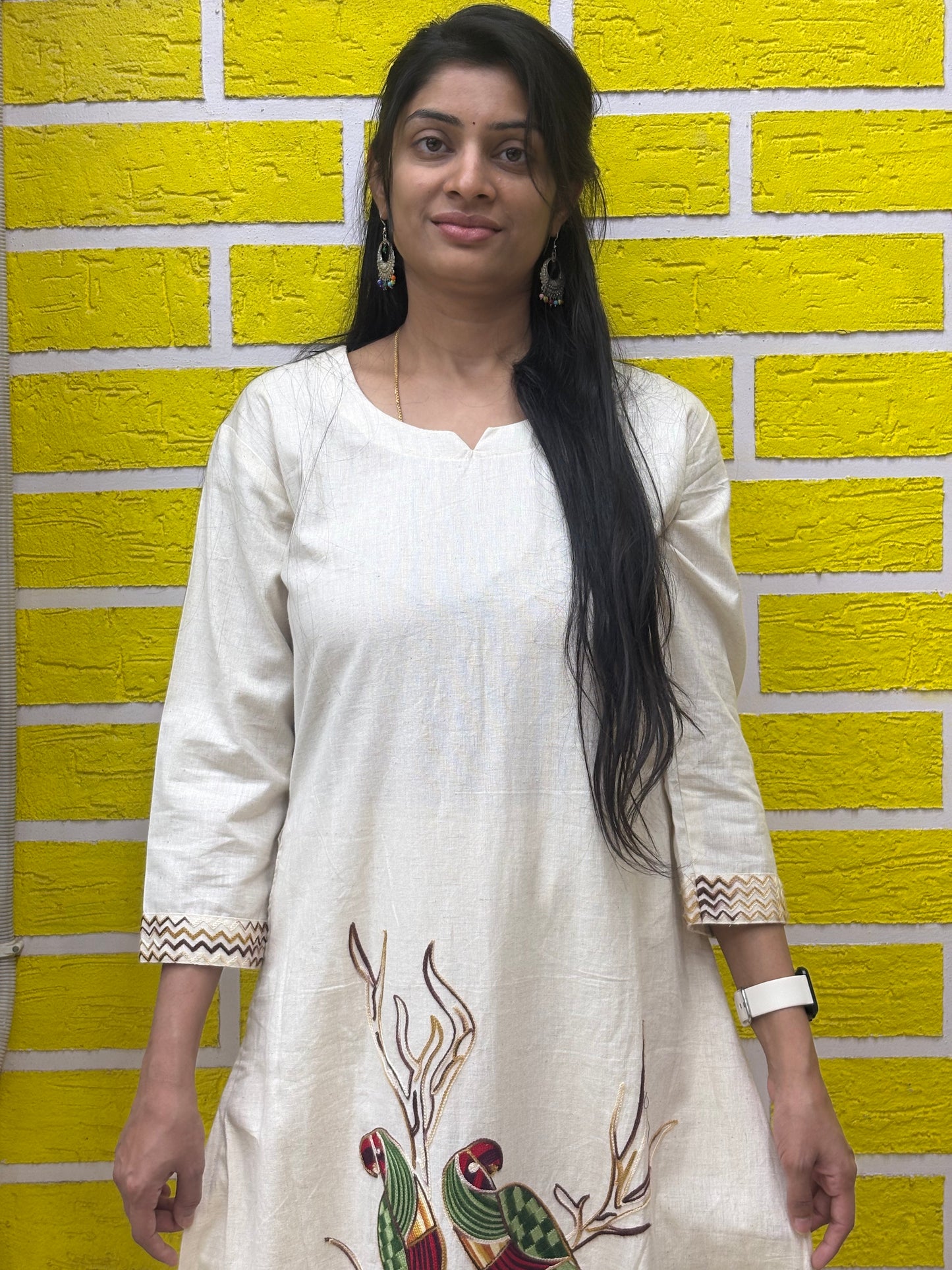 Co-ord Set-AACS0V23612 Cotton Flex with Embroidery Work White Parrot Design