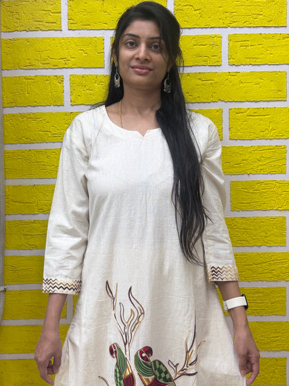 Co-ord Set-AACS0V23612 Cotton Flex with Embroidery Work White Parrot Design