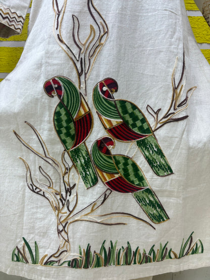 Co-ord Set-AACS0V23612 Cotton Flex with Embroidery Work White Parrot Design