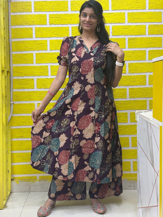 Vatican Foil Print Silai Pattern V Neck Frock Style - Co-ord Set AACS0V24903