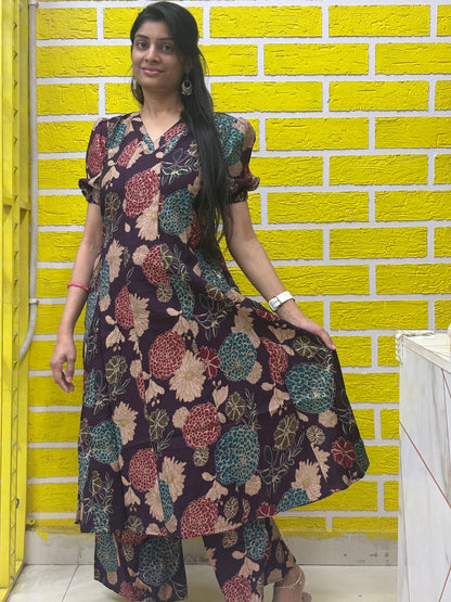 Vatican Foil Print Silai Pattern V Neck Frock Style - Co-ord Set AACS0V24903