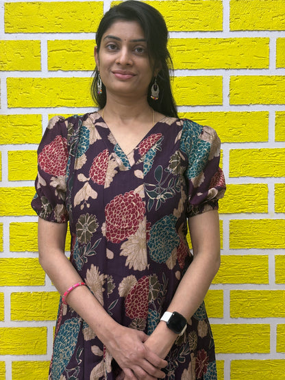 Vatican Foil Print Silai Pattern V Neck Frock Style - Co-ord Set AACS0V24903