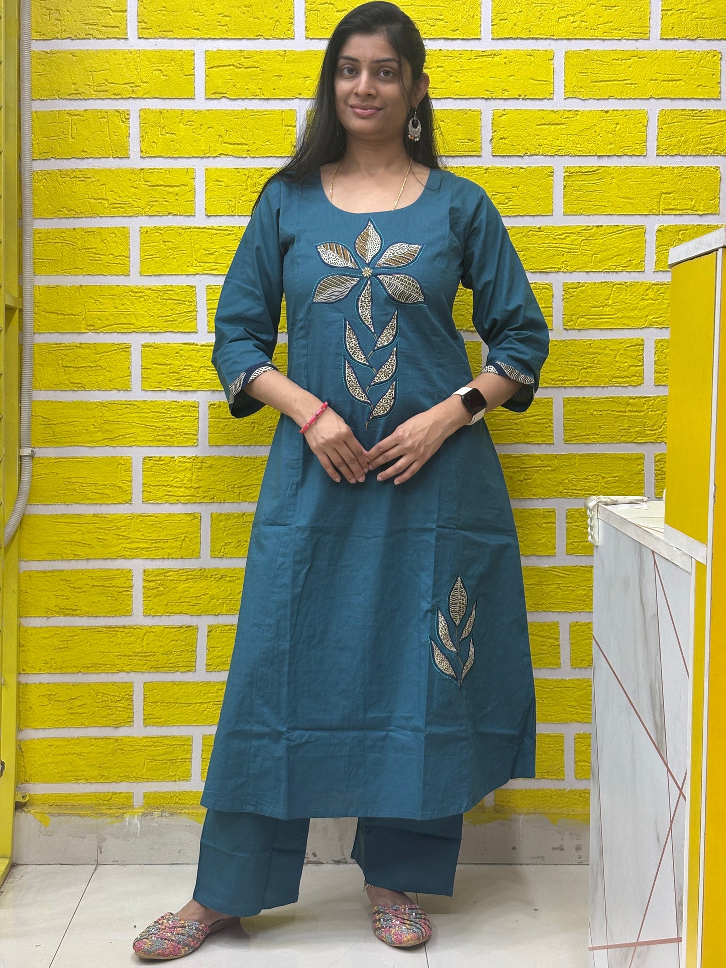 Natural Cotton with Manual Patch Work blue color Co-ord Set-AACS0V50016