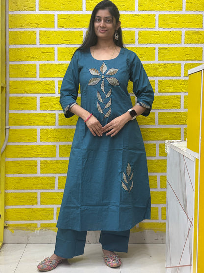 Natural Cotton with Manual Patch Work blue color Co-ord Set-AACS0V50016