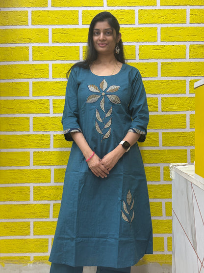 Natural Cotton with Manual Patch Work blue color Co-ord Set-AACS0V50016