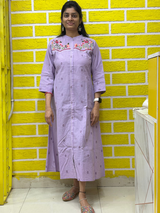 Mul Mul Cotton Lavender Frock with Hand work 3D style design Embroidery AAKS0KAA2
