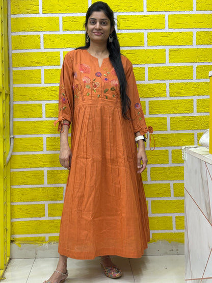 Premium Mul Mul Cotton with Handmade Embroidery Work Rust Color AAKS0KAA10